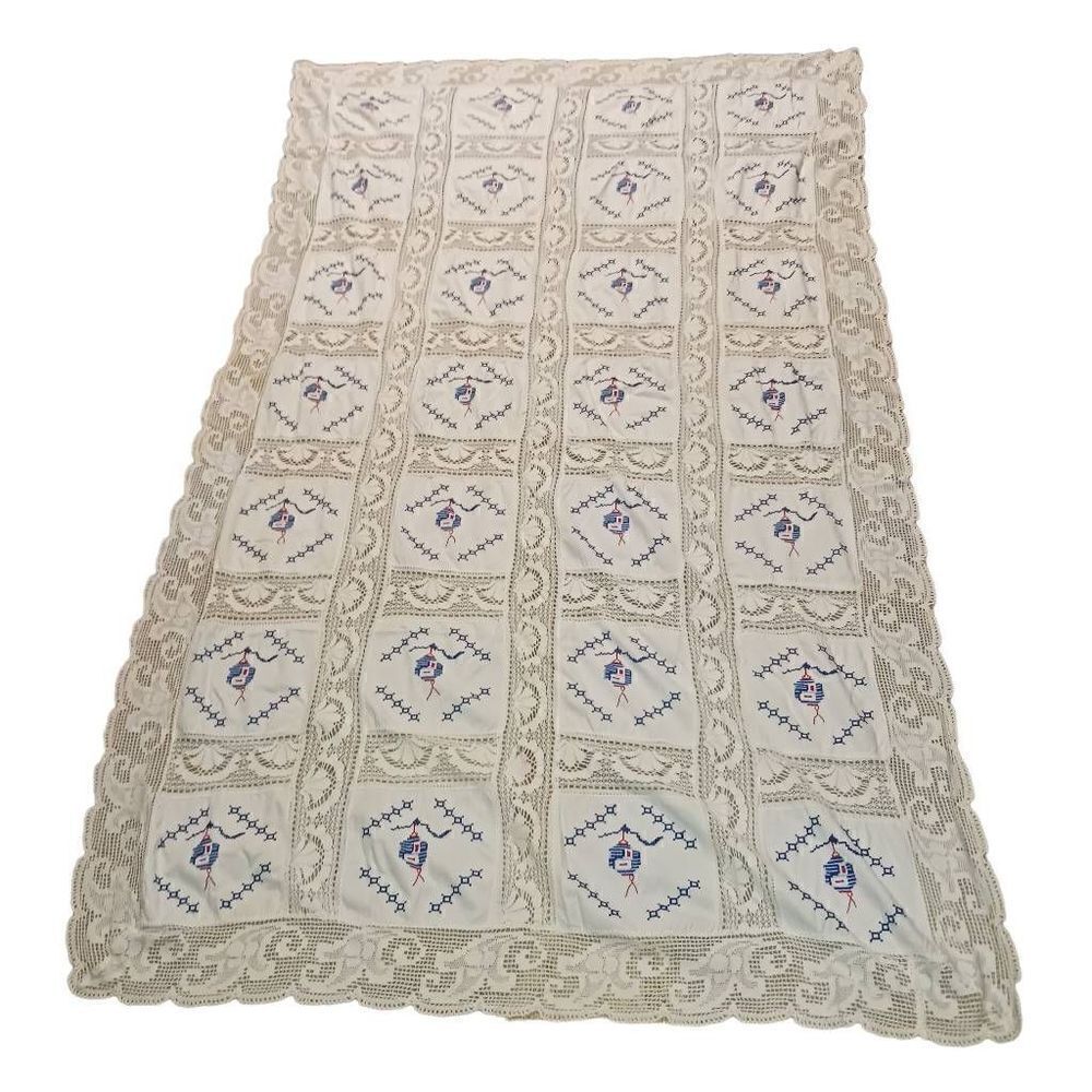 Vintage Beige Reticella Needlelace Point De Venise Tablecloth Twin Bed Cover​